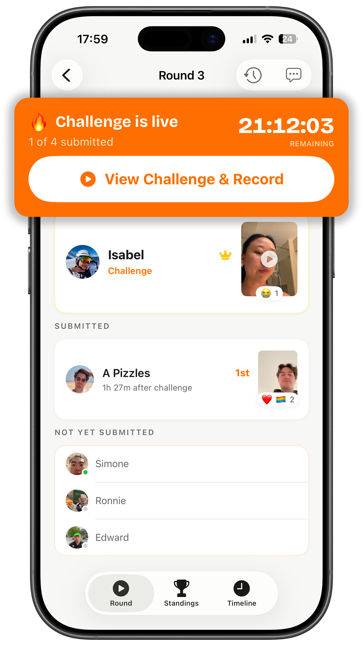 Round view showing submissions and countdown